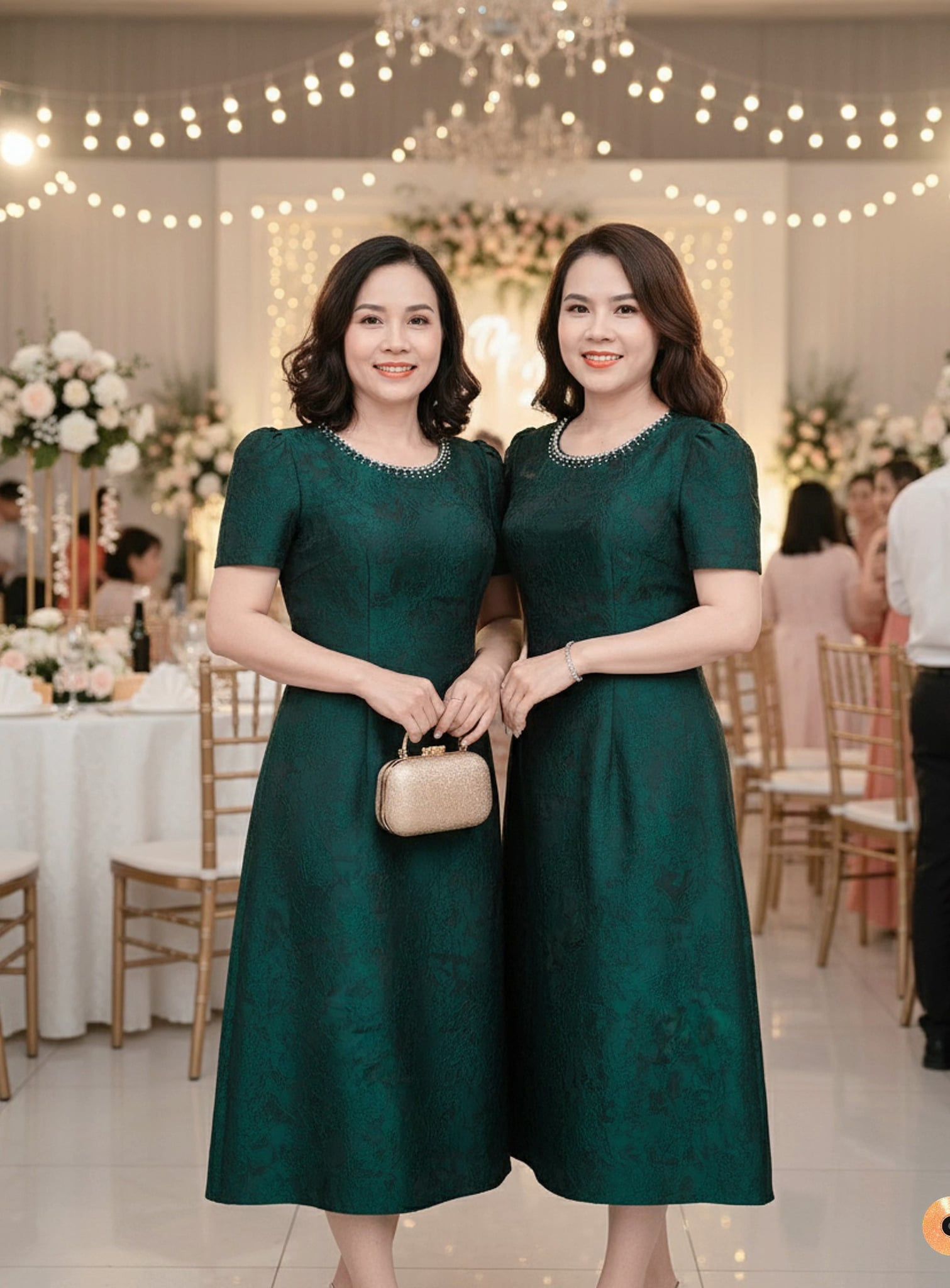 Đầm Gấm Vân Nổi Xanh Rêu Đính Cườm Thượng Hạng DL845