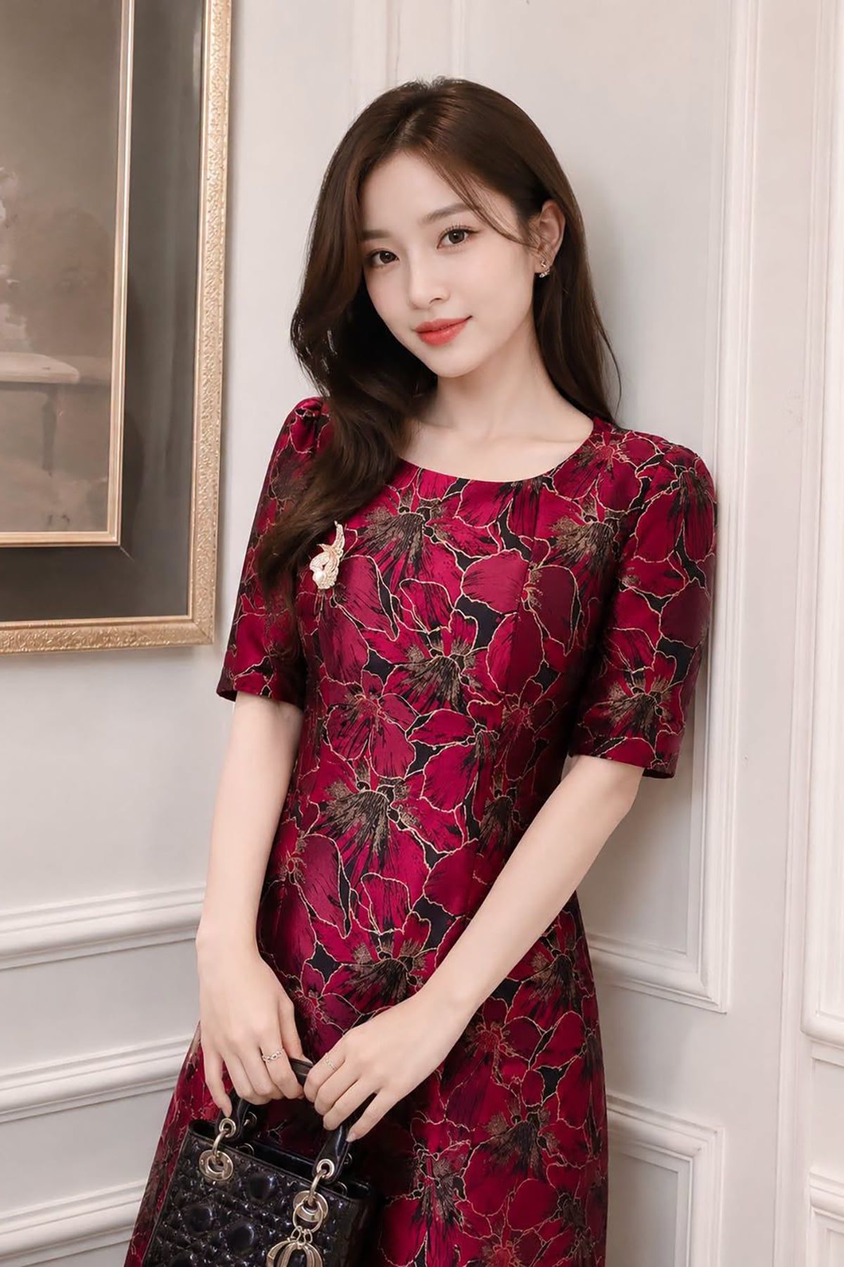 Đầm Gấm Hoa Tay Lỡ Thời Thượng kèm lót lụa DL846