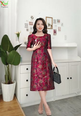  Đầm Gấm Hoa Tay Lỡ Thời Thượng kèm lót lụa DL846 