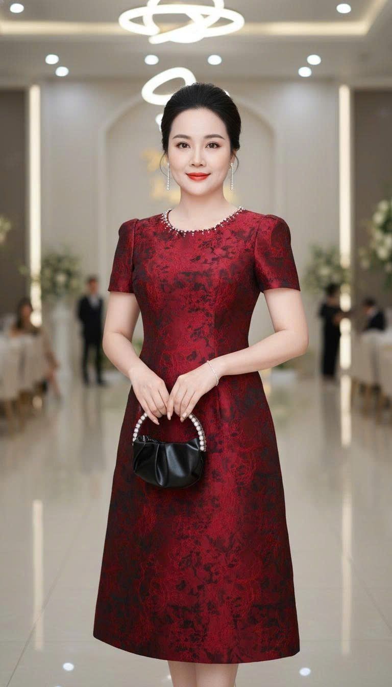 Đầm Gấm Hoàng Gia vân nổi Thượng hạng Đỏ đô Kết Đá Pha lê DL848