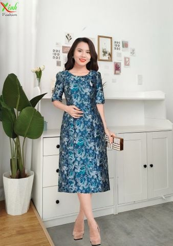  Đầm Gấm Hoa Xanh Than Tay Lỡ Thời Thượng kèm lót lụa DL851 