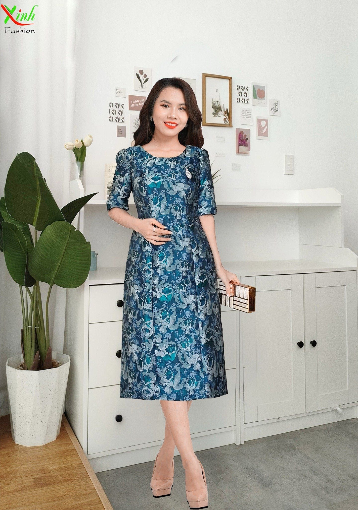 Đầm Gấm Hoa Xanh Than Tay Lỡ Thời Thượng kèm lót lụa DL851