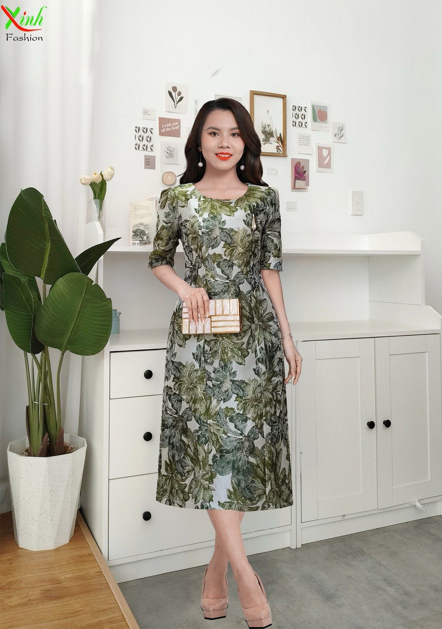 Đầm Gấm Hoa Xanh Cốm Tay Lỡ Thời Thượng kèm lót lụa DL852