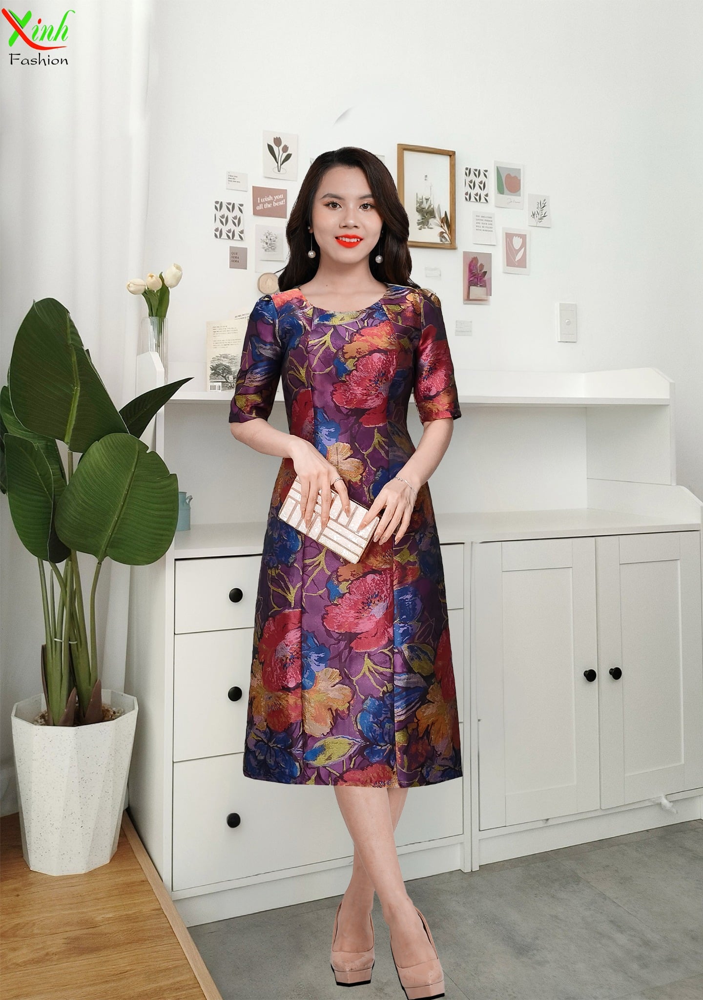 Đầm Diện Tiệc Chất Gấm Hoa Tay Lỡ Thời Thượng DL853