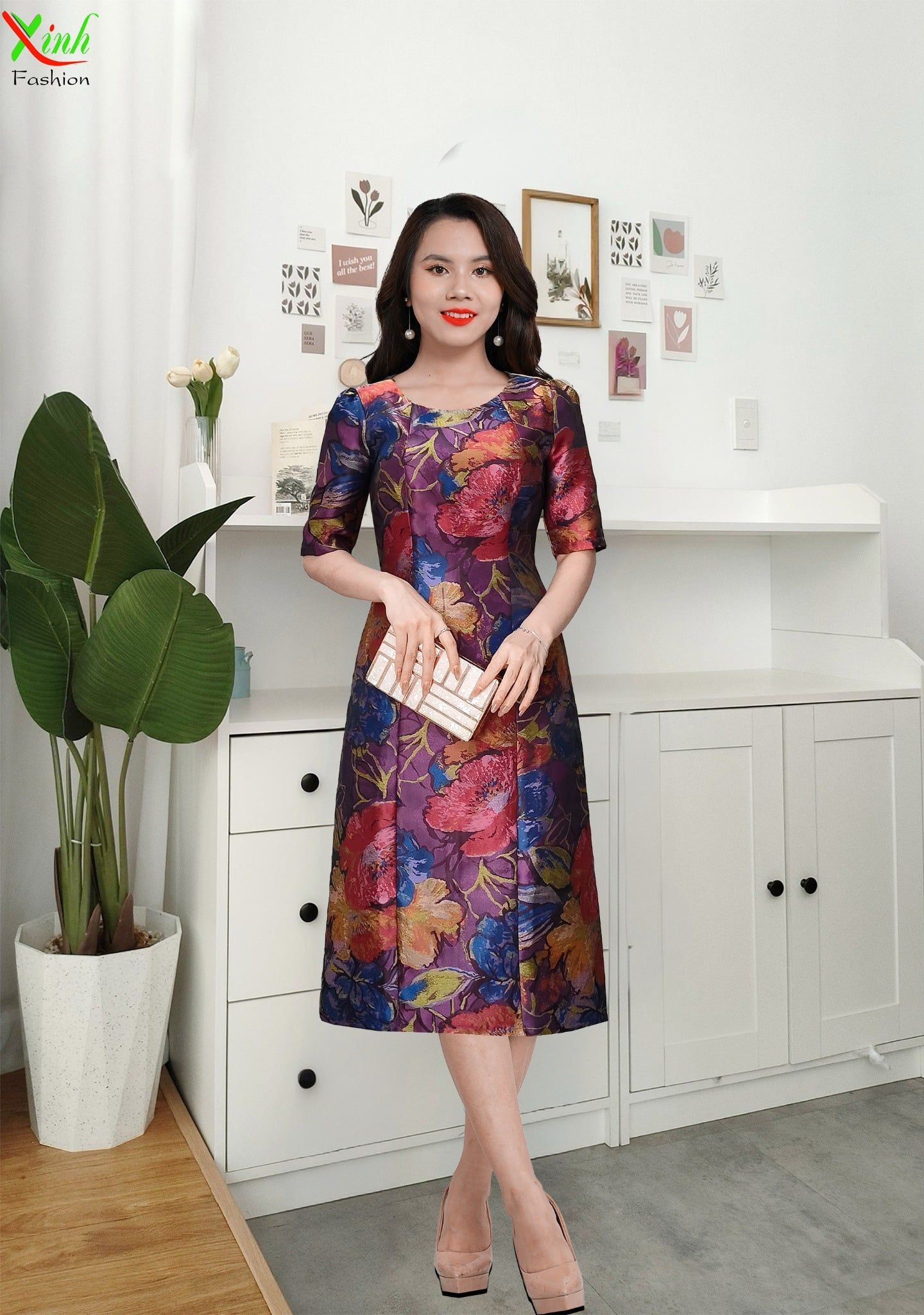 Đầm Gấm Hoa Tay Lỡ Thời Thượng DL853