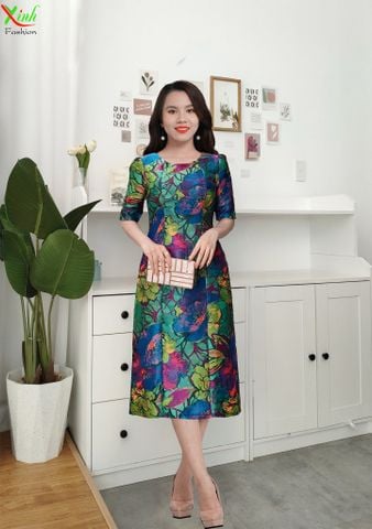  Đầm Gấm Hoa Tay Lỡ Thời Thượng Diện Tiệc Cực Sang DL854 