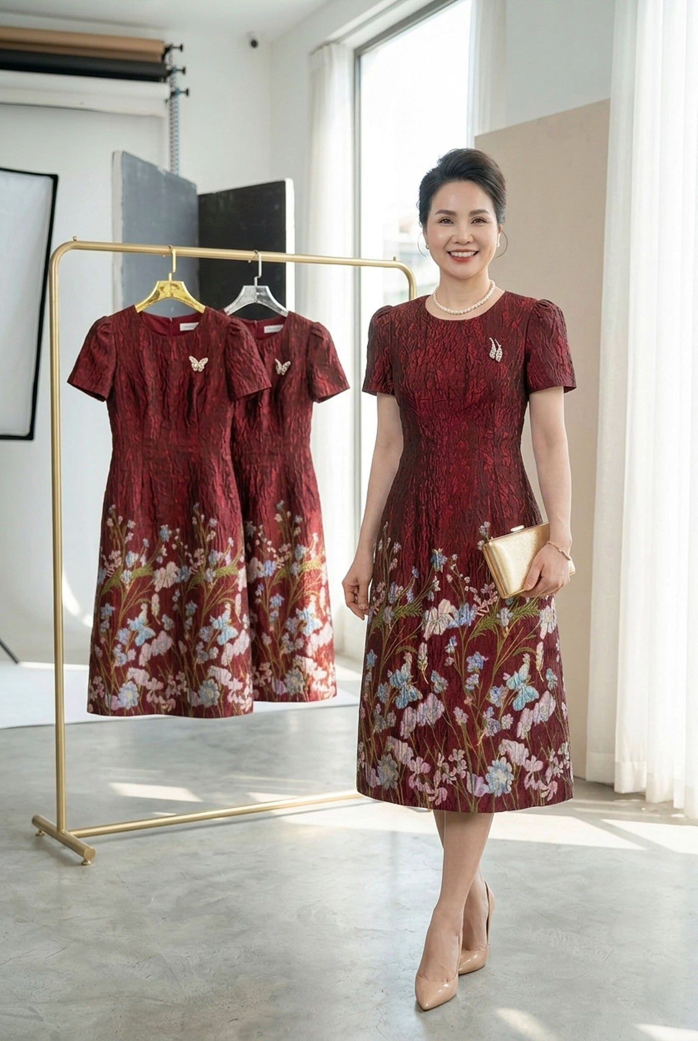 Đầm Gấm Hoa Ombre Thời Thượng kèm lót lụa DL859