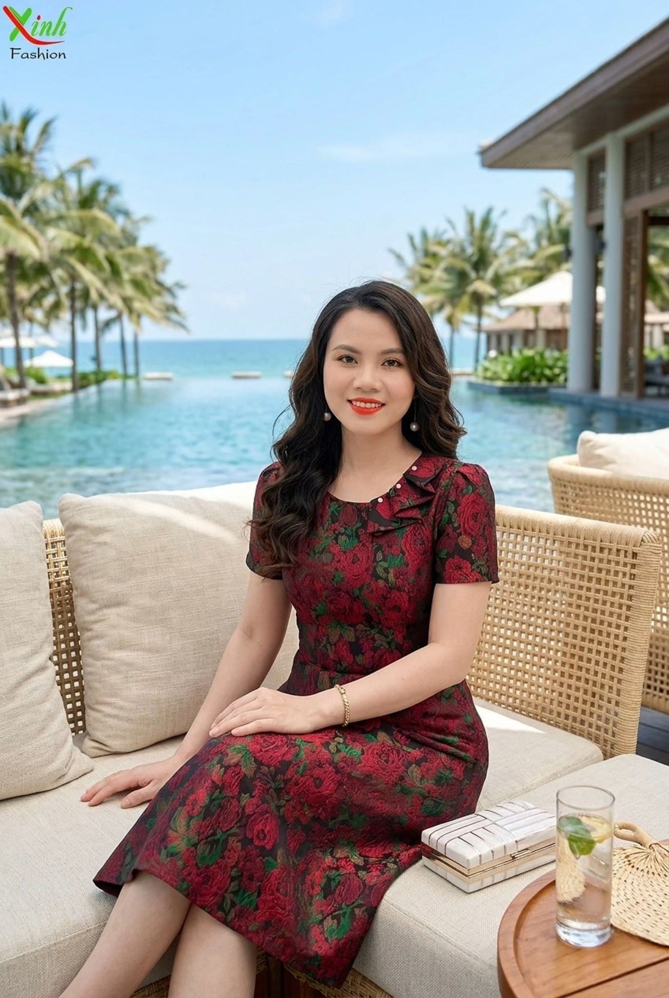 Đầm Gấm Dệt Hoa Hồng Cổ Vạt Bèo Thời Thượng DL860
