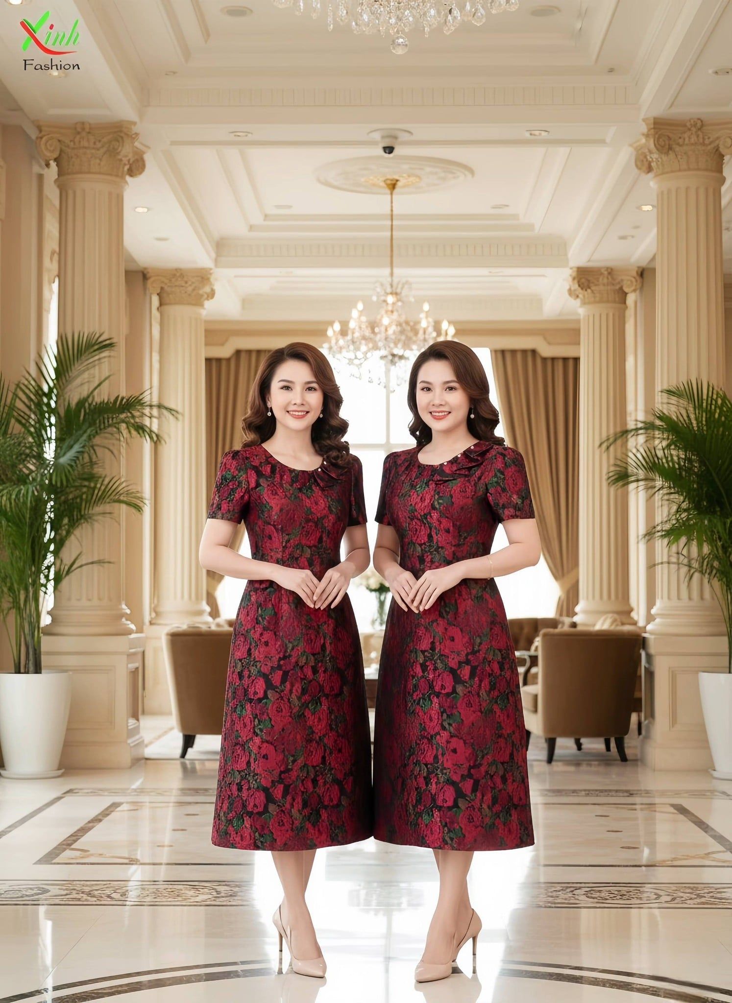 Đầm Gấm Dệt Hoa Hồng Cổ Vạt Bèo Thời Thượng DL860