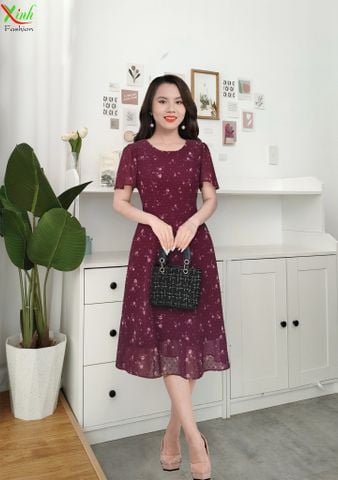  Đầm suông A voan tơ thêu hoa nhí sang trọng DL884 