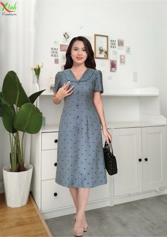  Đầm Xám xanh khói Suông A giả vest phối cúc DL921 