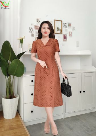  Đầm Cam Nâu Suông A giả vest phối cúc DL923 