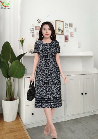  Đầm Suông Đen Hoa Nhí Trắng Viền Chân DL941 