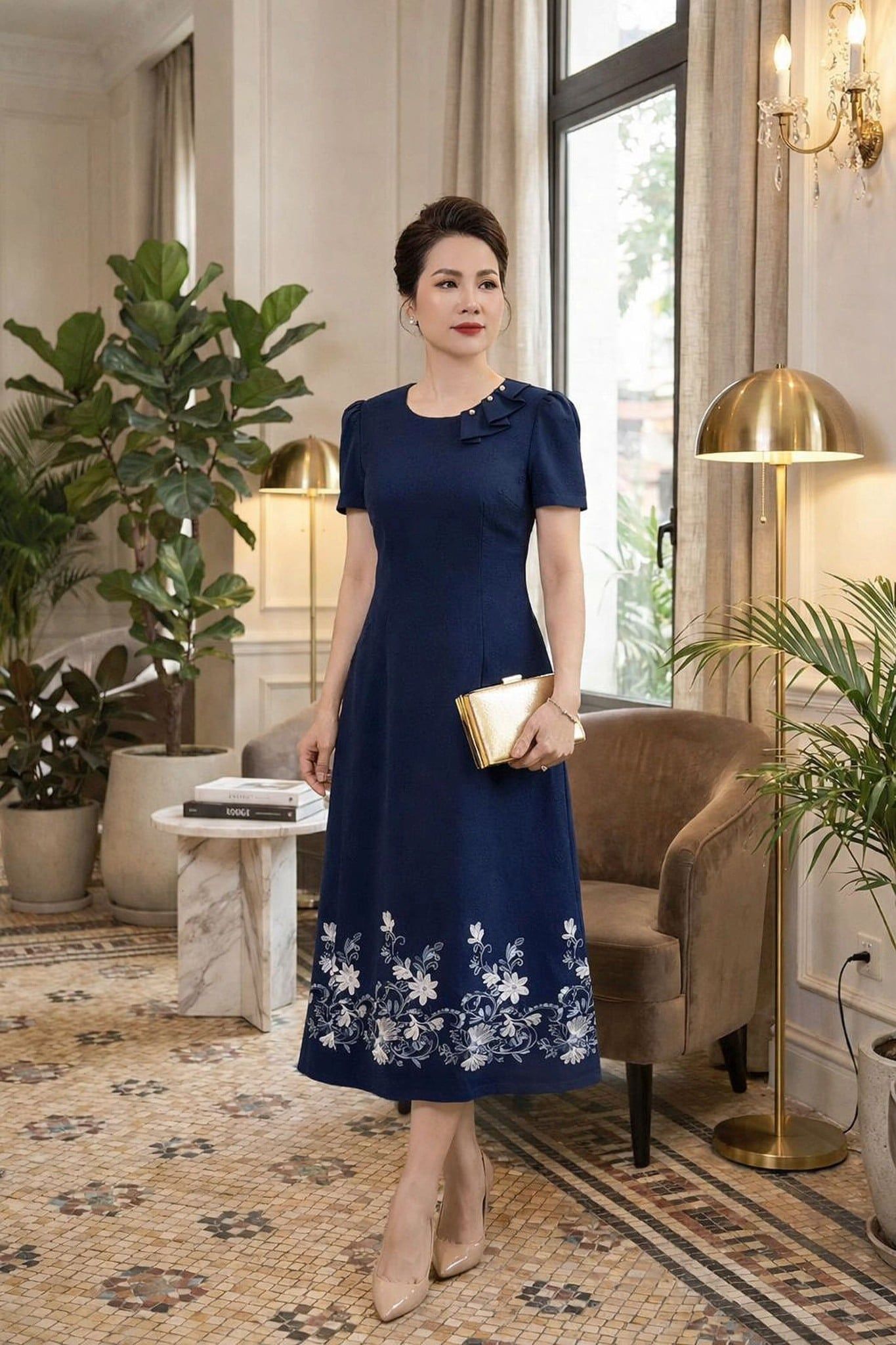 Đầm Suông A Thêu Hoa Chất đũi lụa siêu mát co giãn 4 chiều DL865