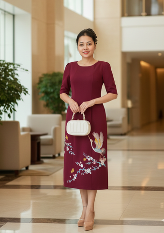  Đầm Suông Tay Lỡ Đỏ Thêu Cảnh Xuân Thời Thượng DL980 