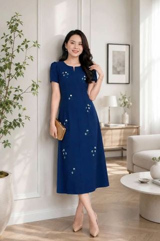  Đâm Suông Trung Niên Eo Kép Xanh Hoa Thêu Sang Trọng DL982 