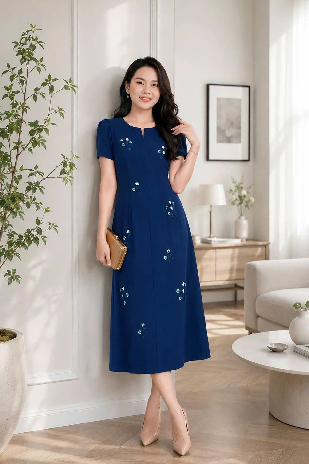 Đâm Suông Trung Niên Eo Kép Xanh Hoa Thêu Sang Trọng DL982
