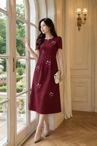  Đâm Suông Trung Niên Eo Kép Đỏ Thêu Hoa Sang Trọng Thanh Lịch DL983 