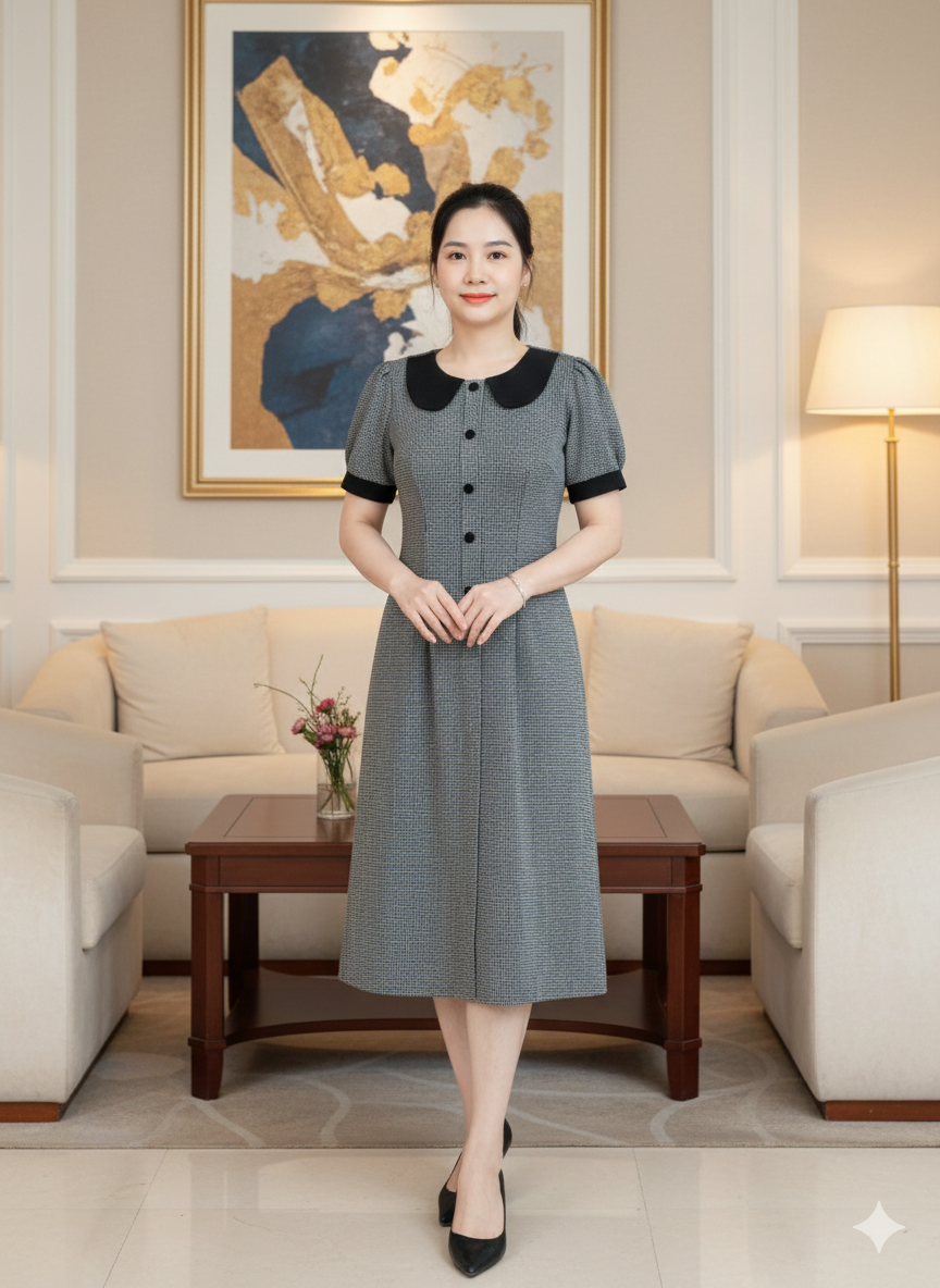 Đầm cổ peter pan caro nhuyễn gọn dáng DL755