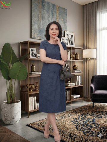  Đầm Suông Xanh Đậm Caro nhuyễn phối nút sang trọng DL787 