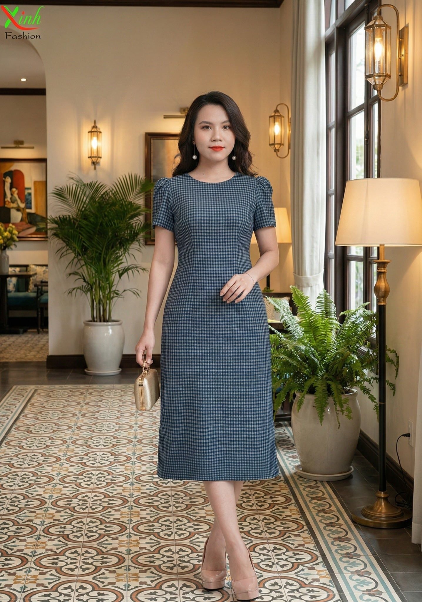 Đầm Suông Xanh Caro Ô nhỏ Tôn Dáng Gọn DL936