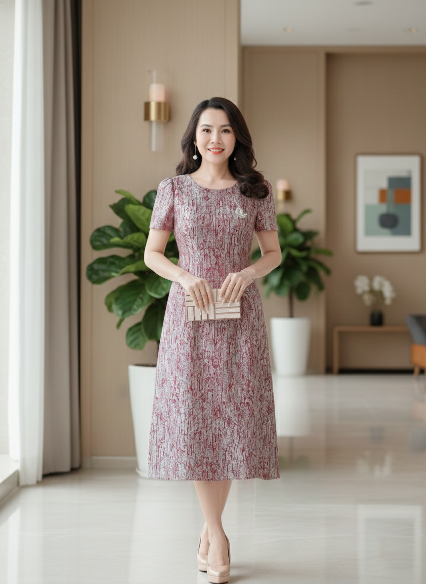 Đầm Gấm Hoàng Gia vân nổi Thượng hạng tặng kèm cài áo DL862