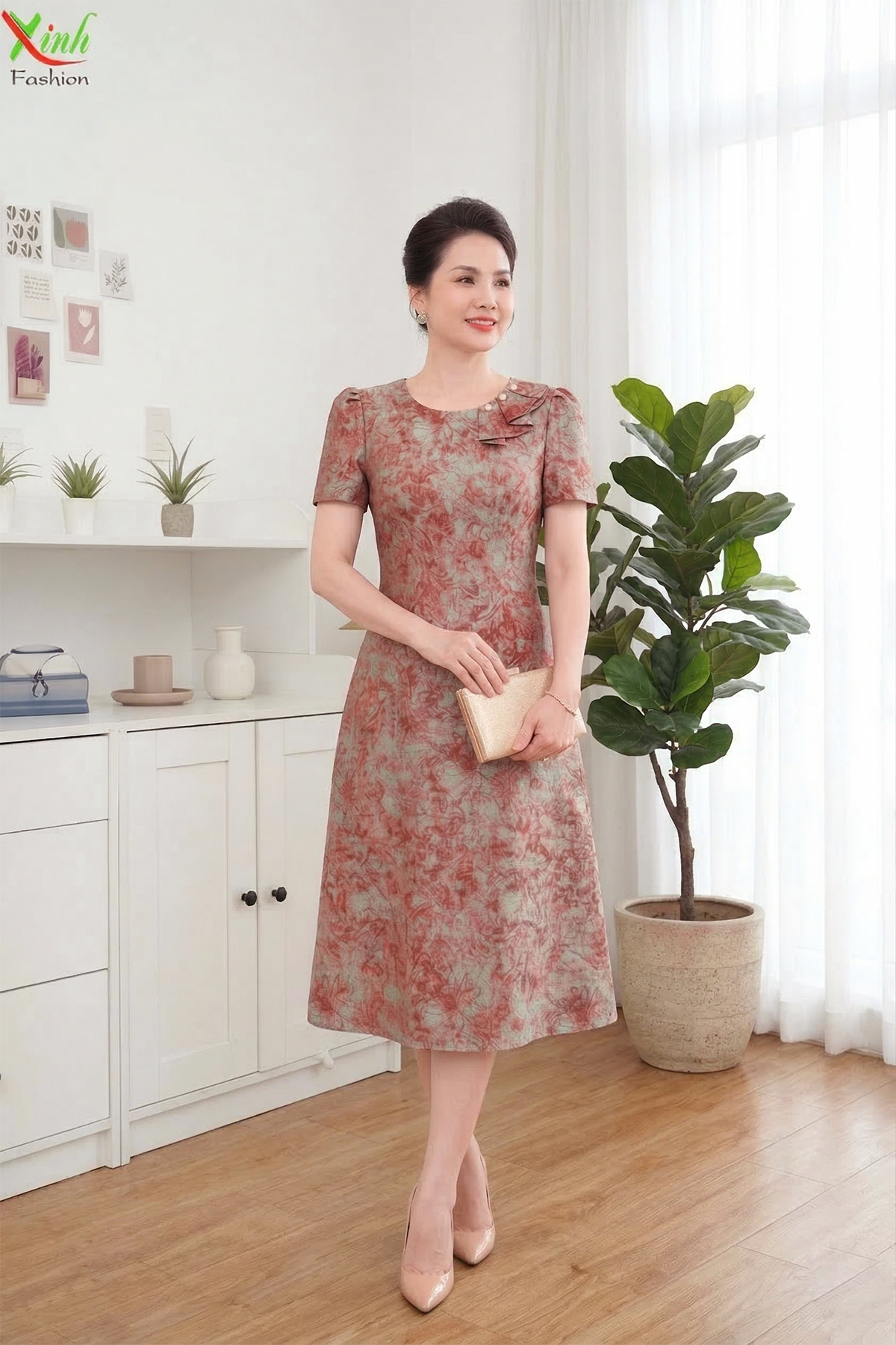 Đầm Suông A Hoa Loang Đỏ Cam Chất Lụa Xịn mềm mịn DL619