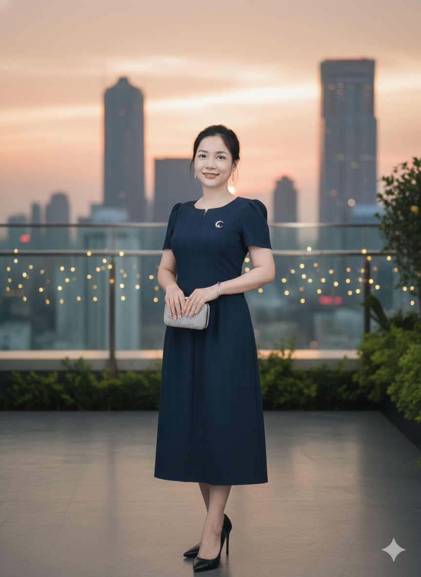 Đầm Suông Basic Caro Xanh Đen Cổ Xẻ Sang Trọng DL580