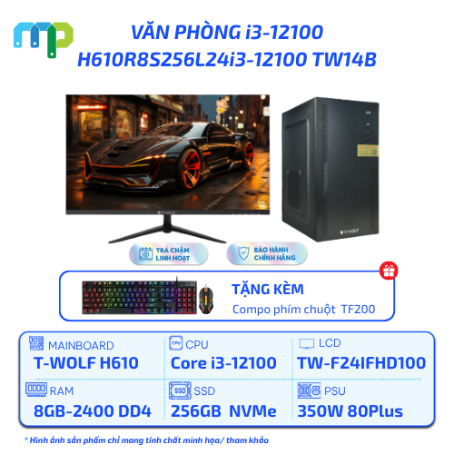 PC T-WOLF Văn Phòng Intel i3-12100/H610/8GB/SSD 256GB/350W/24