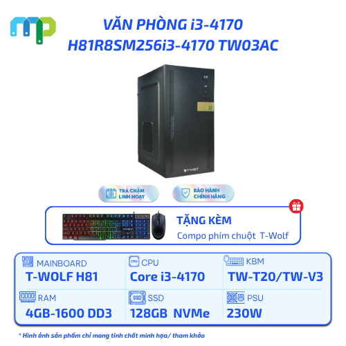 PC Văn Phòng T-WOLF Intel i3-4170/H81/4GB/SSD 128GB/230W H81R8SM256i3-4170 TW03AC
