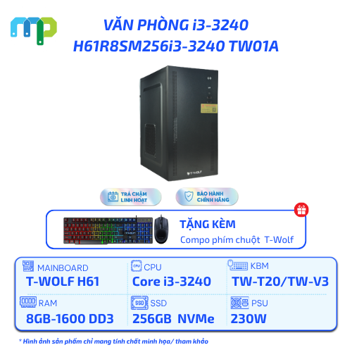 PC T-WOLF Văn Phòng Intel i3-3240/H610/8GB/SSD 256GB/230W H61R8SM256i5-3570 TW01A