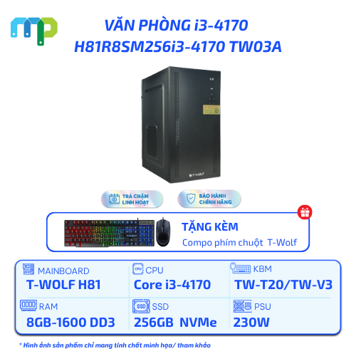 PC T-WOLF Văn Phòng Intel i3-4170/H81/8GB/SSD 256GB/230W H81R8SM256i3-4170 TW03A