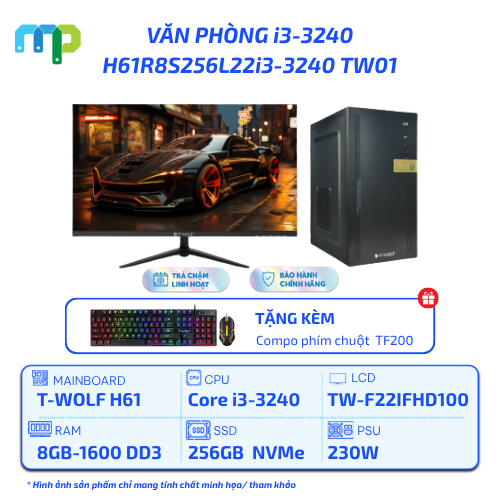 PC T-WOLF Văn phòng Intel i3-3240/H61/8GB/SSD 256GB/230W/22