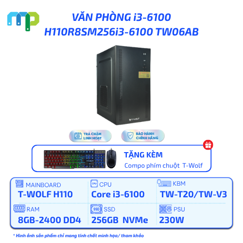PC T-WOLF Văn Phòng Intel i3-6100/H110/8GB/SSD 256GB/230W H110R8SM256G4400 TW06AB