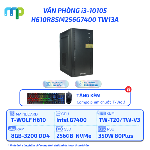 PC Văn phòng T-WOLF Intel G7400/H610/8GB/SSD 256GB/350W H610R8SM256G7400 TW13A