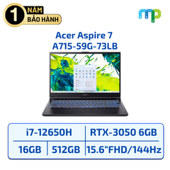 Laptop Acer Aspire 7 A715-59G-73LB  (i7-12650H/16DG5/ 512GSSD/15.6FHD 144Hz/IPS/4C/6G RTX 3050/W11SL/1Y/ Đen) NH.QX6SV.002
