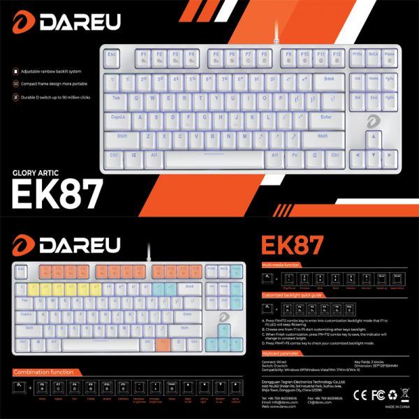 Bàn phím cơ Gaming DAREU EK87 (Red Switch) - White (Ice - Blue Led)