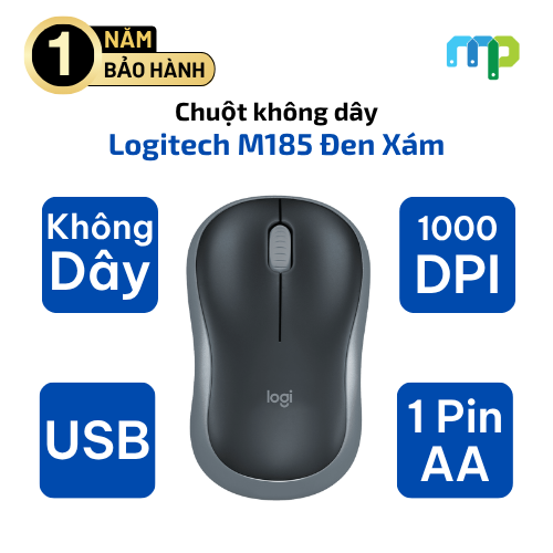 Chuột Không Dây Logitech M185 Đen Xám