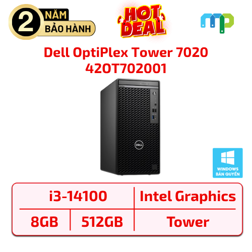 Máy bộ Dell OptiPlex Tower 7020/ i3-14100/ 8GB DDR5/ 512GB SSD/ K+M/Win 11 Home/ ProSupport 2Yr & KYHD 42OT702001