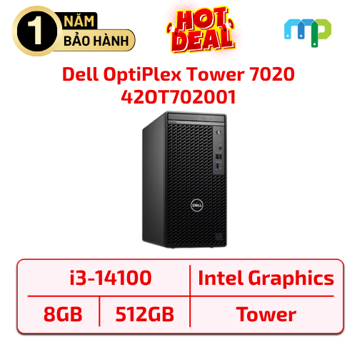 Máy bộ Dell OptiPlex Tower 7020/ i3-14100/ 8GB DDR5/ 512GB SSD/ K M/Win 11 Home/ ProSupport 2Yr & KYHD 42OT702001