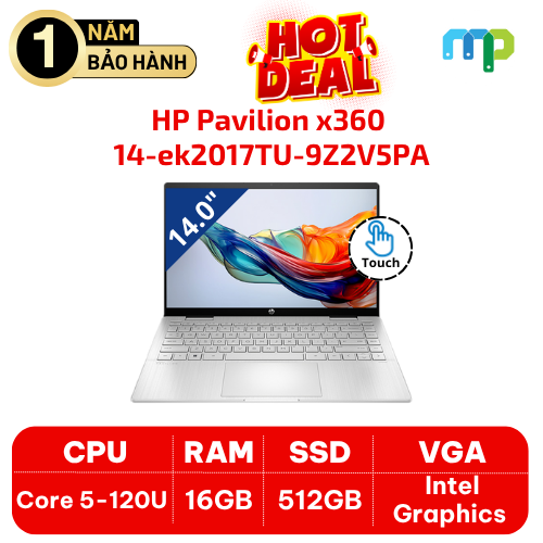 Laptop HP Pavilion x360 14-ek2017TU core 5-120U/16G/512GSSD/14.0FHDT/PEN/WL/BT/3C/W11H/Bạc 9Z2V5PA
