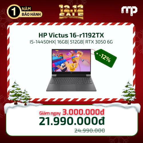 Laptop HP Victus 16-r1192TX I5 14450HX/ 16GB/ 1TB SSD/ RTX 3050 6Gb/ 16.1 inch FHD/ 144Hz/ Win11/Đen A2NP6PA
