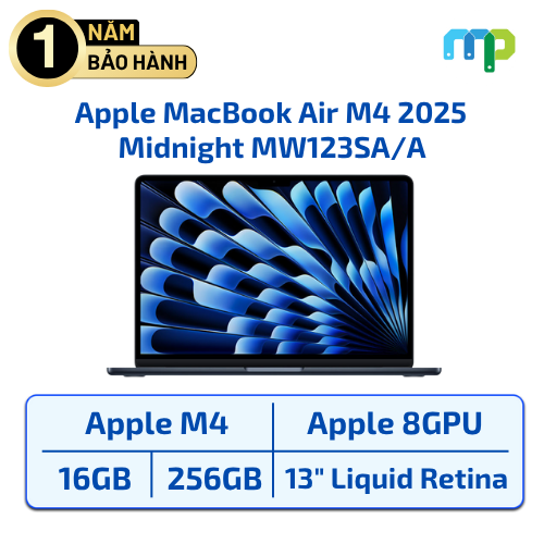 Laptop Apple MacBook Air M4 13 inch 2025/8GPU/16GB/256GB Midnight MW123SA/A