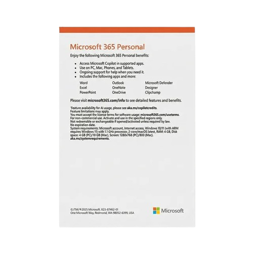 Phần mềm Office Microsoft M365 Personal English APAC Subscr 1YR Medialess (EP2-32409)