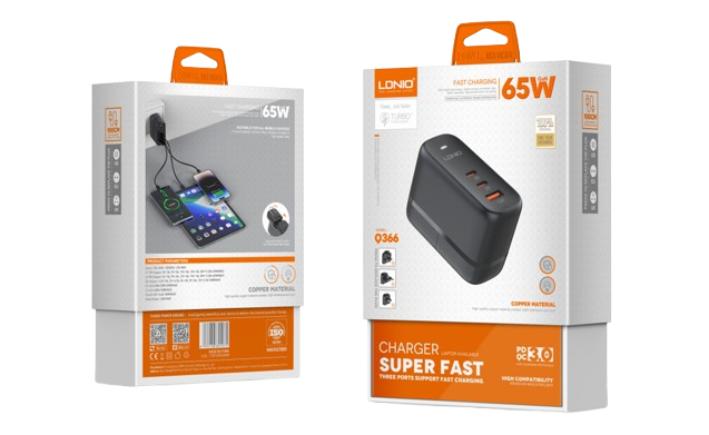 Cốc sạc nhanh  LDNIO 65w màu đen Q366(2Type C + Usb + cáp Type C 1m + 3 ĐĐ 2c/3c)