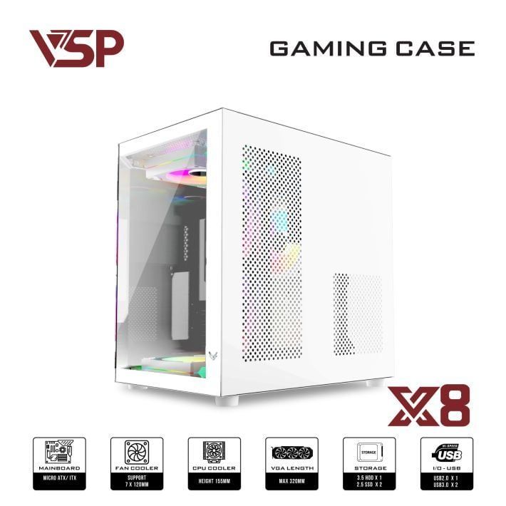 Thùng máy Case VSP X8 - Trắng | Hồ cá, không kèm fan
