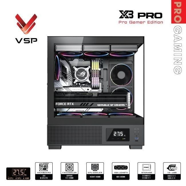 Thùng máy VSP X3 Pro Gamer Edition Monitor - Đen, không kèm fan
