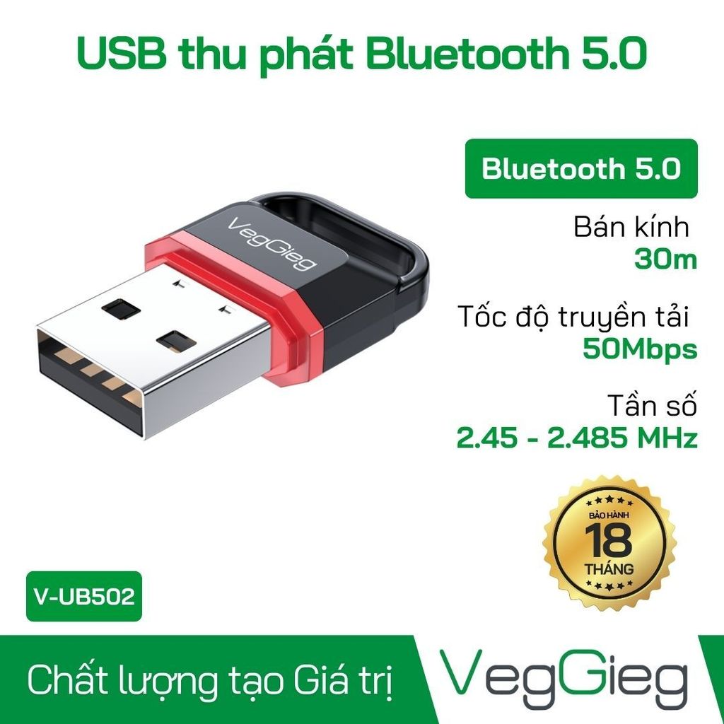 USB nhận Bluetooth 5.0 VEGGIEG VUB502 | Red Black
