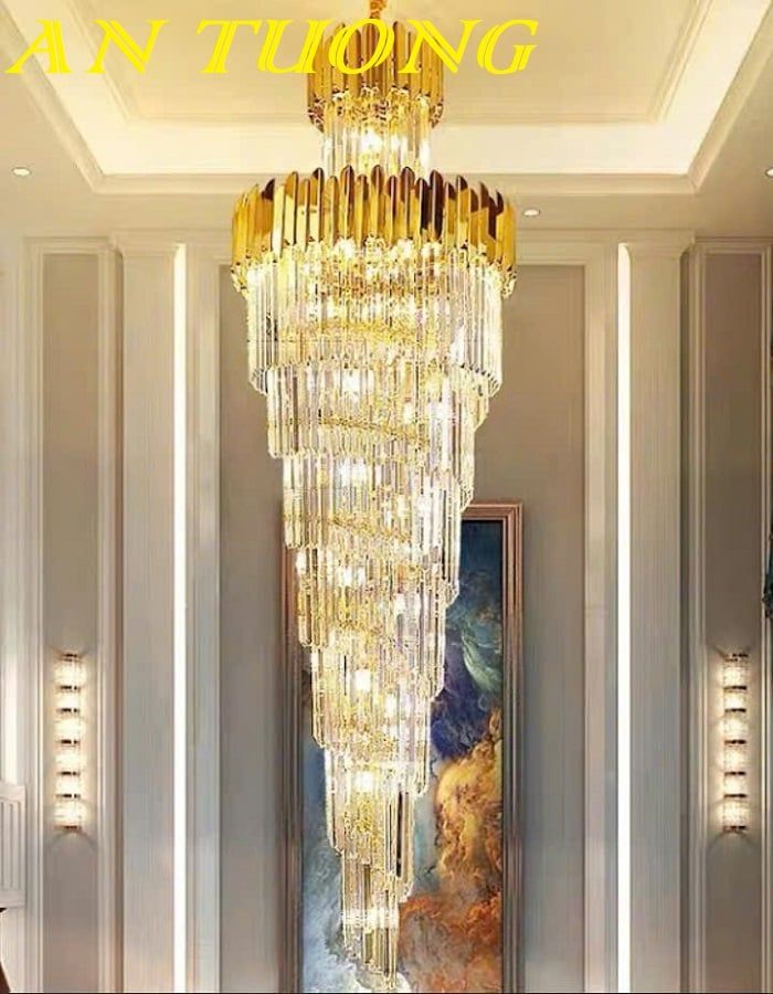 Đèn chùm pha lê thông tầng phòng khách đẹp sang trọng 014