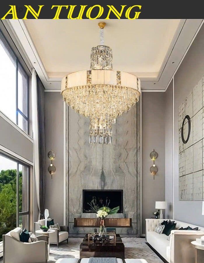 Đèn chùm pha lê thông tầng phòng khách đẹp sang trọng 023